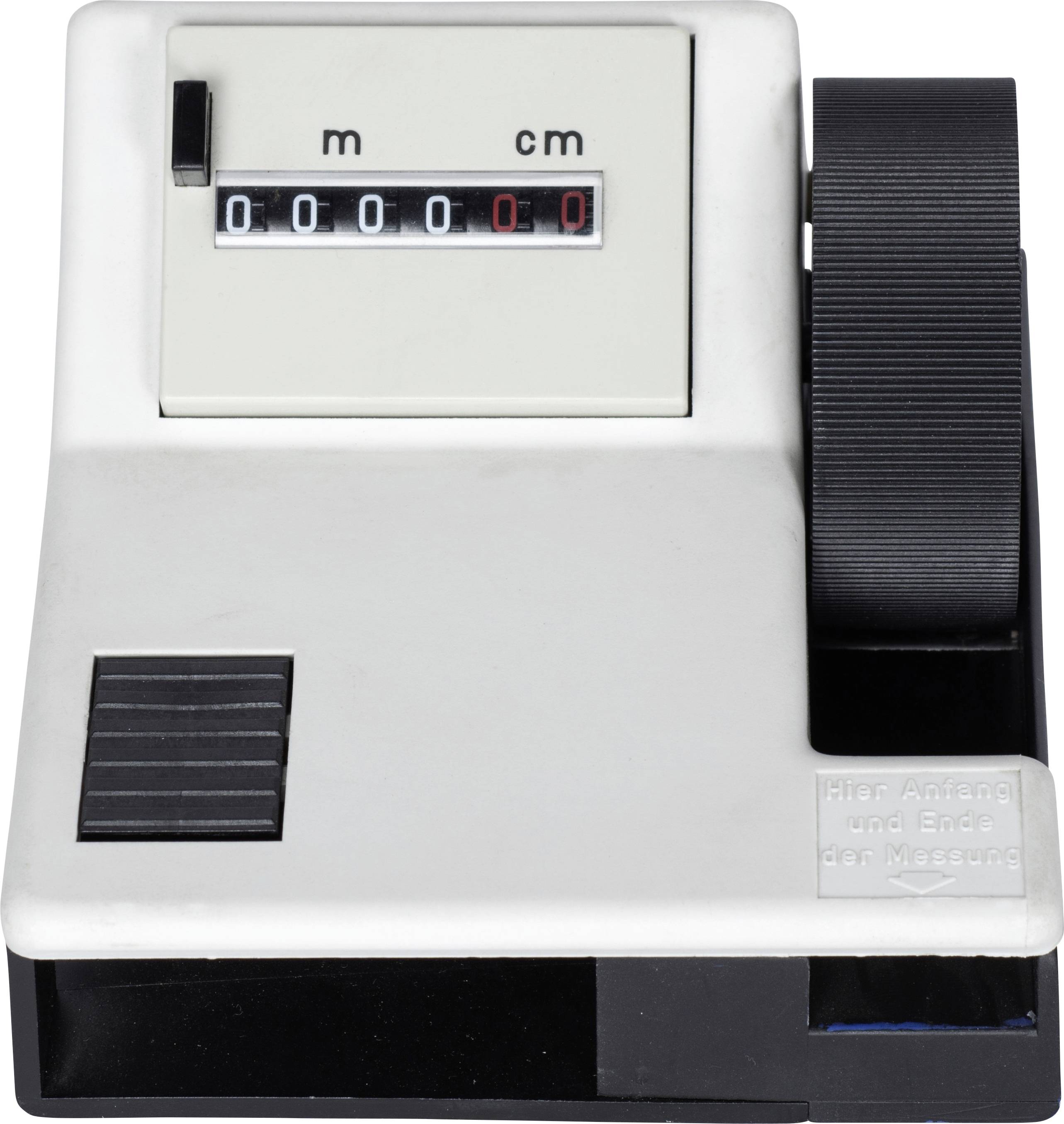 Altes mechanisches Gerät zur Längenmessung, mit einem Zähler, der Meter und Zentimeter anzeigt.