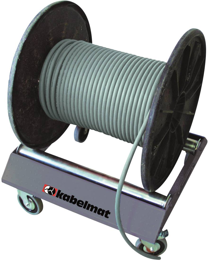 Eine Kabeltrommel auf einem Rollwagen mit blauem Kabel, das von 'kabelmat' geliefert wird. Geeignet für industrielle Anwendungen.