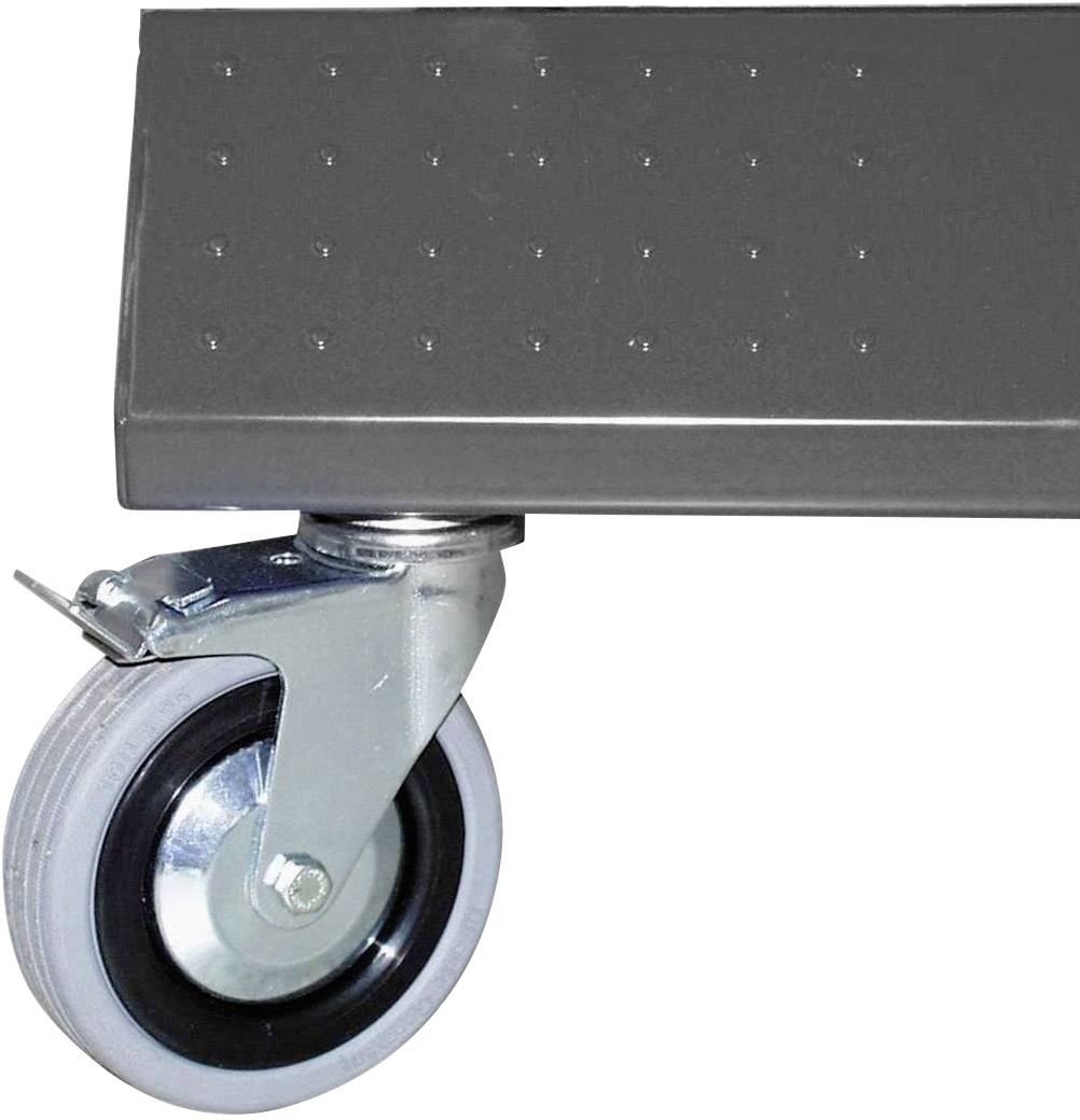 Graue Transportrollen mit Metallrahmen unter einer Plattform. Sie ermöglichen Mobilität und Belastbarkeit für schwere Güter.