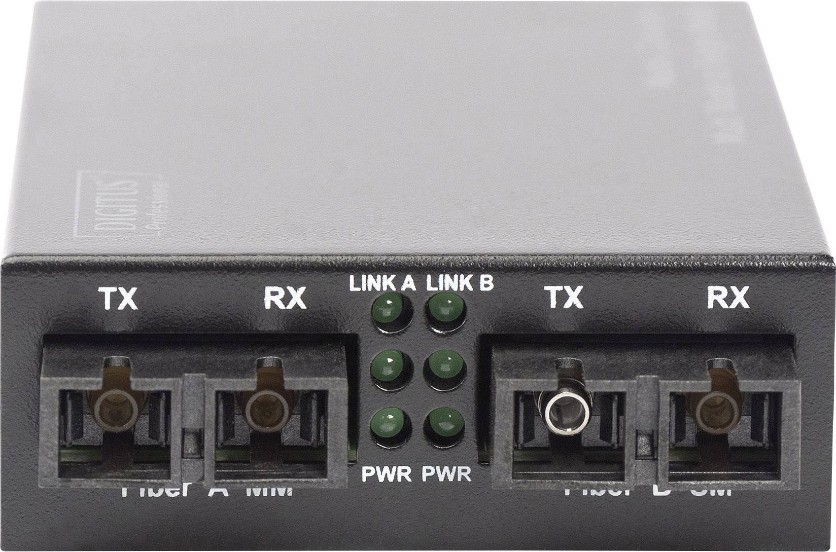 Medienkonverter mit zwei Glasfaseranschlüssen (Fiber A und B) für TX (Transmit) und RX (Receive) und sechs LED-Anzeigen für Verbindungen und Stromversorgung.
