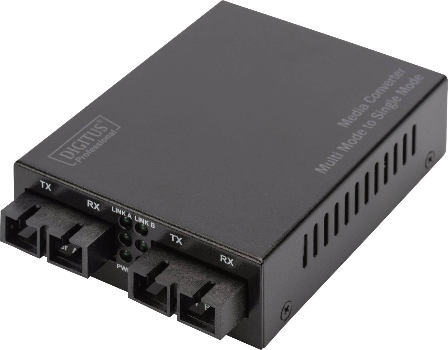 Schwarzer Medienkonverter mit Aufschrift 'Media Converter Multi Mode to Single Mode' und Anschlüssen für TX, RX.