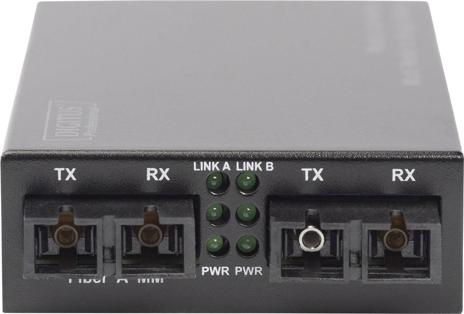 Ein schwarzer Netzwerk-Adapter mit den Anschlüssen TX und RX sowie LED-Anzeigen für LINK A, LINK B, und PWR.