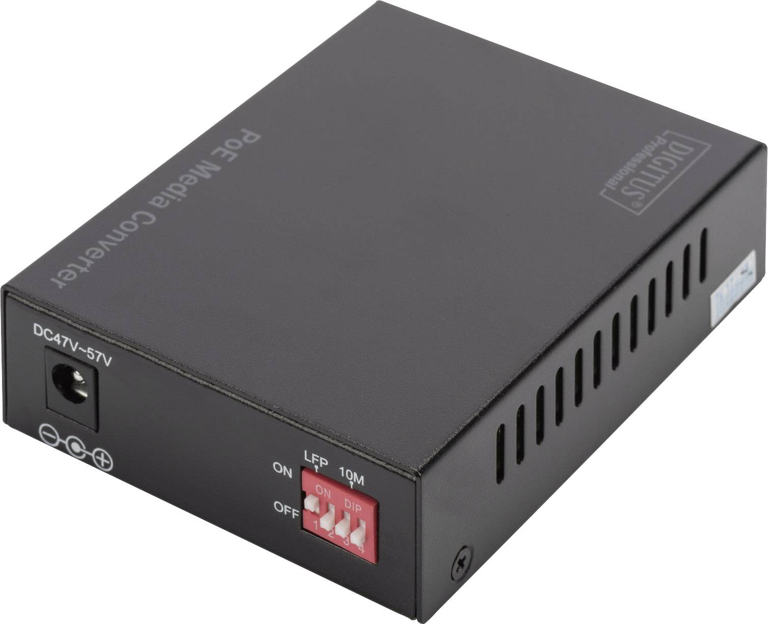 Schwarzer PoE-Medienkonverter in rechteckiger Form mit Lüftungsschlitzen, DC-Eingang und Schalter mit ON/OFF-Positionen.