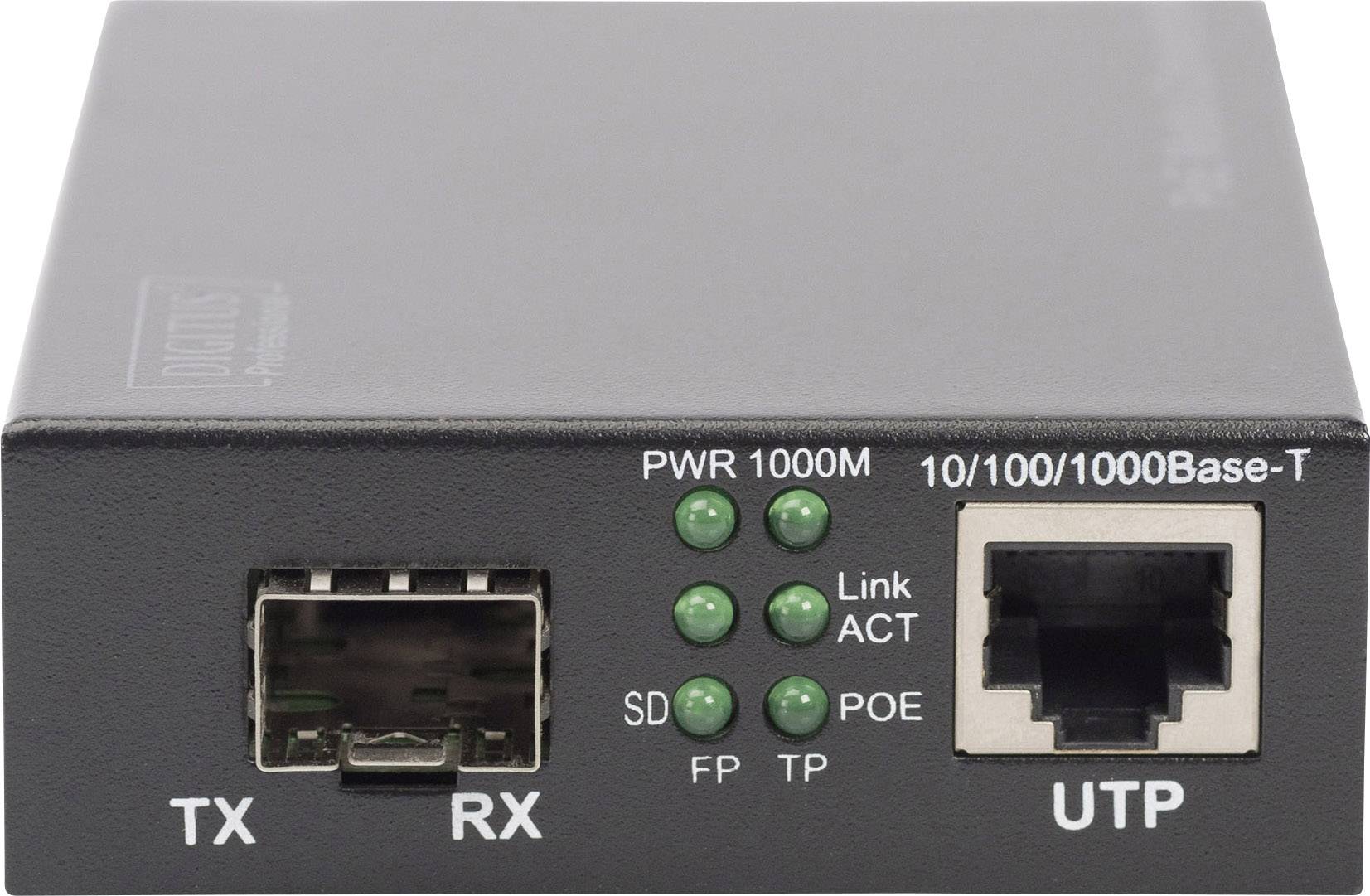 Ein Ethernet-Medienkonverter mit Anschlüssen für Glasfaser und kupfergebundene Netzwerke. Zeigt LED-Anzeigen für Betriebsstatus.