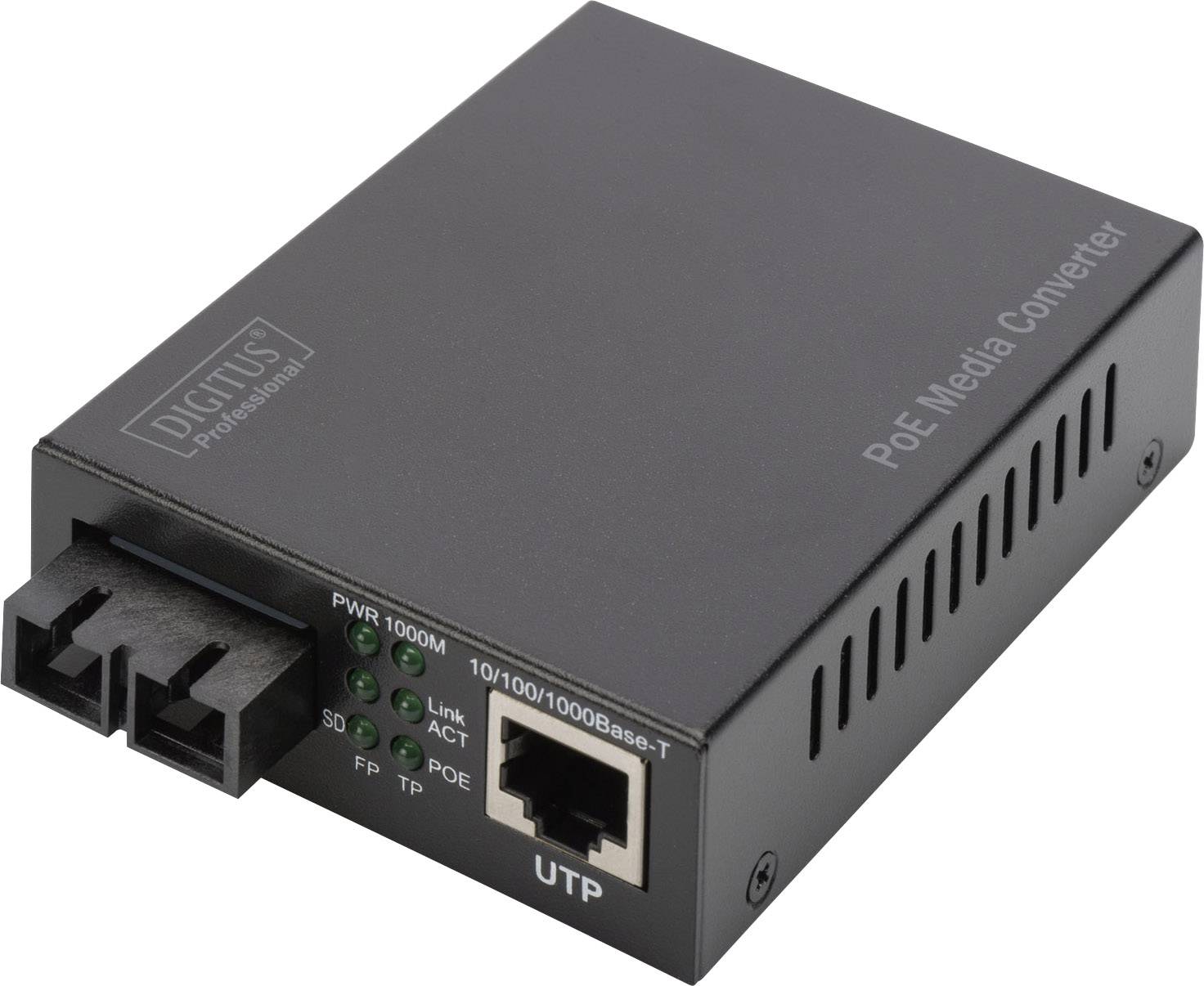 'PoE Media Converter' in schwarzem Gehäuse, zeigt Anschlüsse und Status-LEDs für Netzwerkverbindung und Stromversorgung.