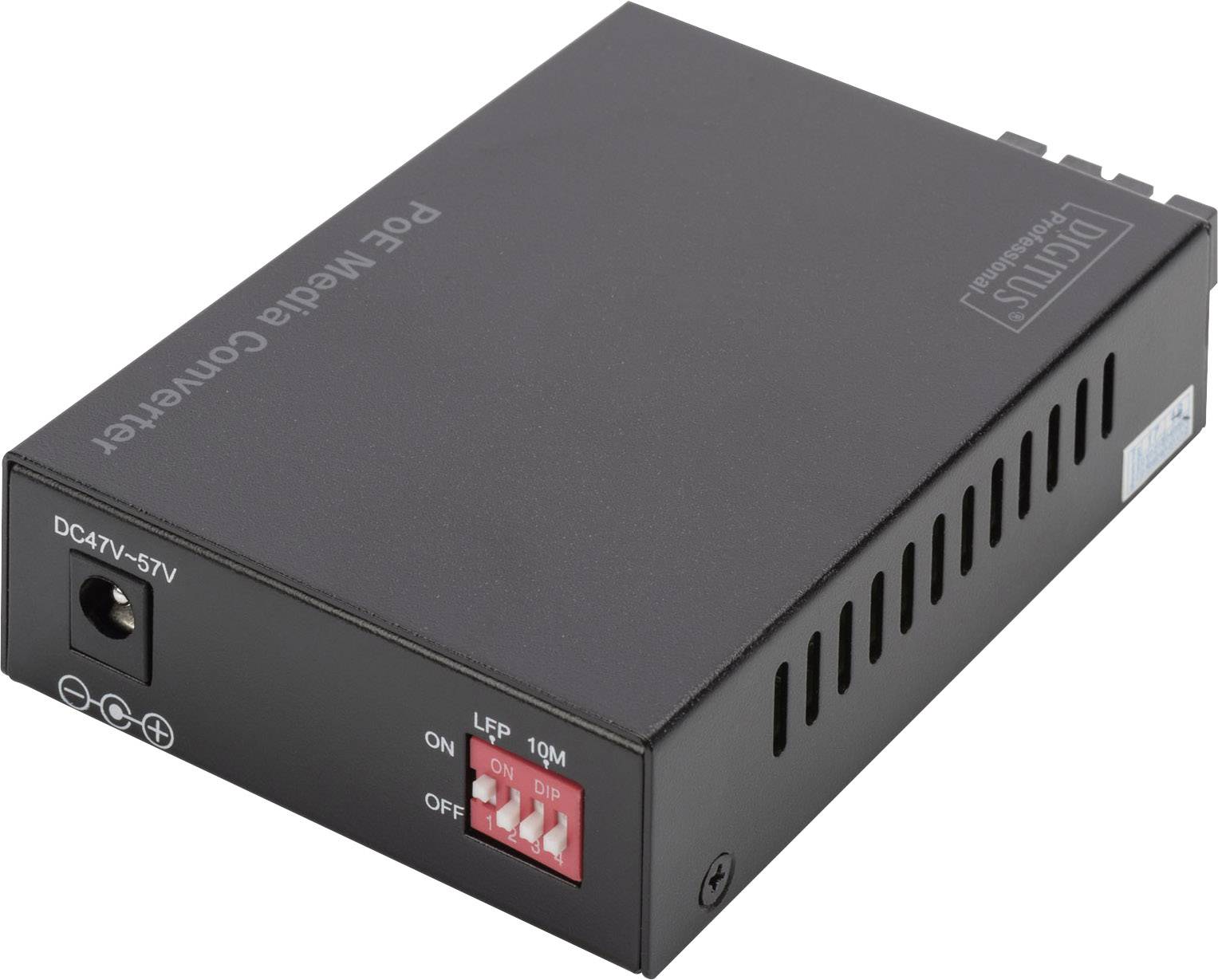Ein schwarzer PoE-Medienkonverter mit Beschriftungen und Anschlüssen auf der Vorderseite, für Netzwerktechnik-Anwendungen.