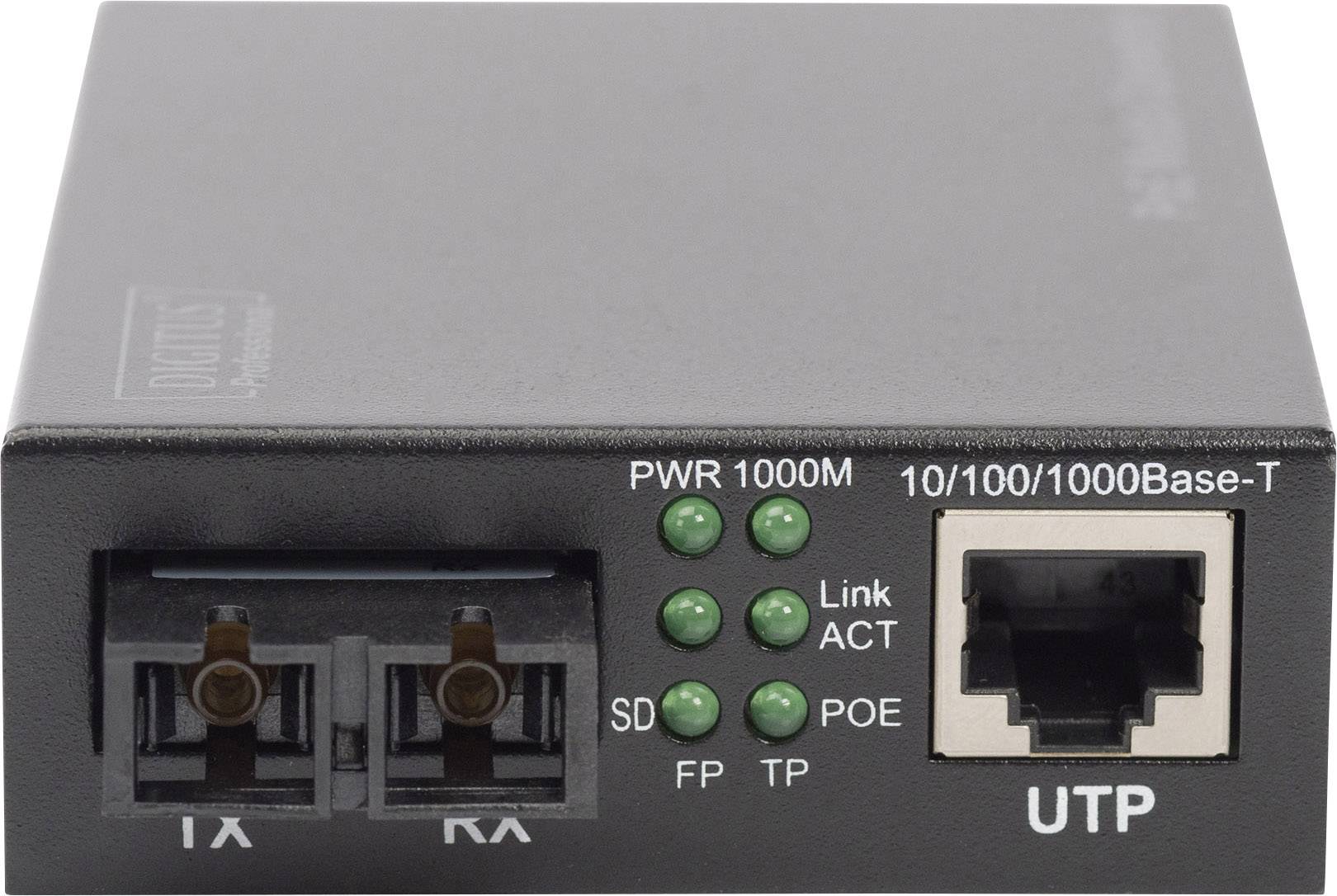 Ein Medienkonverter mit Anschlüssen für Glasfaser und Ethernet, LEDs für Power, Link, und POE-Anzeige.