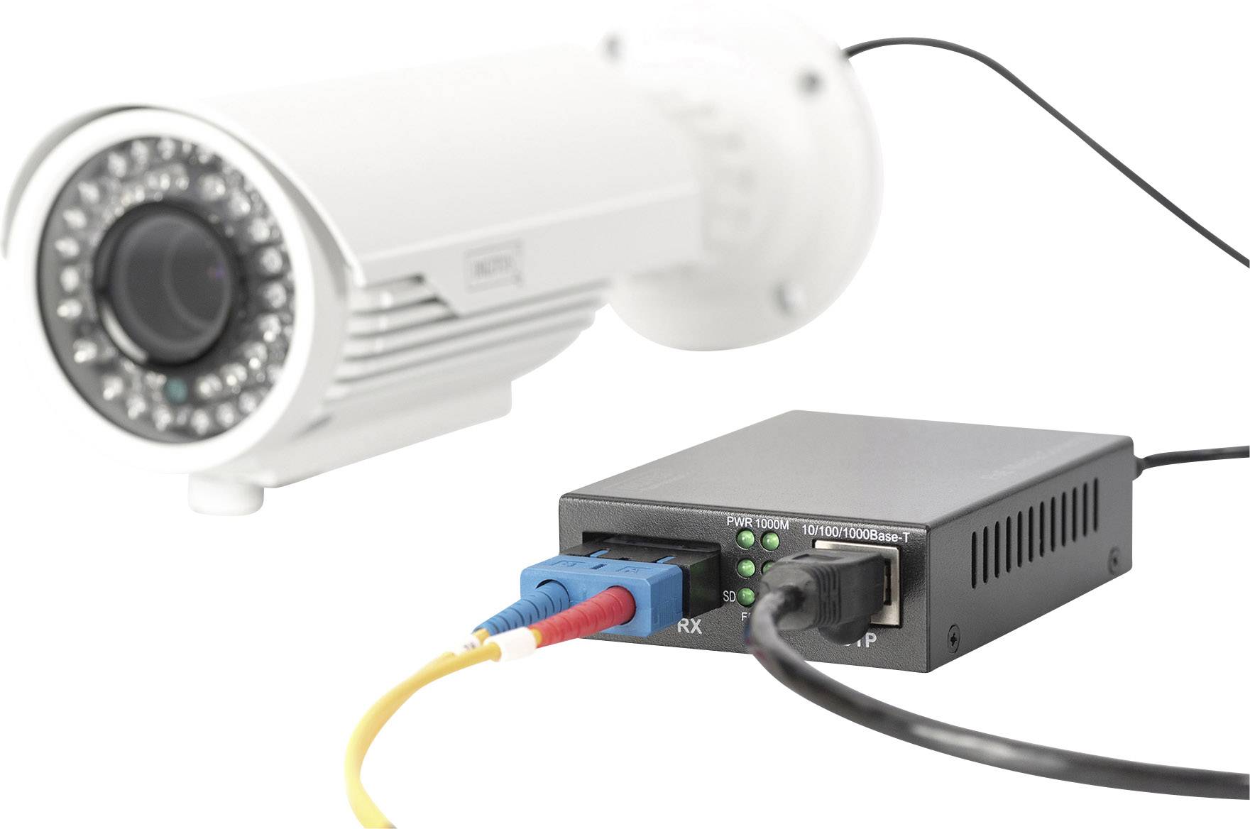 Eine weiße Überwachungskamera ist mit einem schwarzen Netzwerkmodul verbunden.