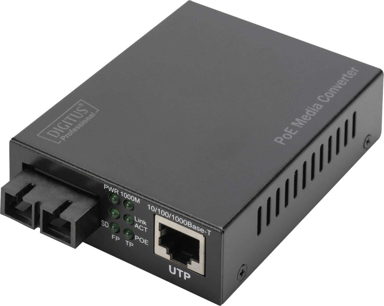 PoE Media Converter in schwarzem Gehäuse mit Ethernet- und Glasfaseranschlüssen, geeignet für Netzwerkanwendungen.