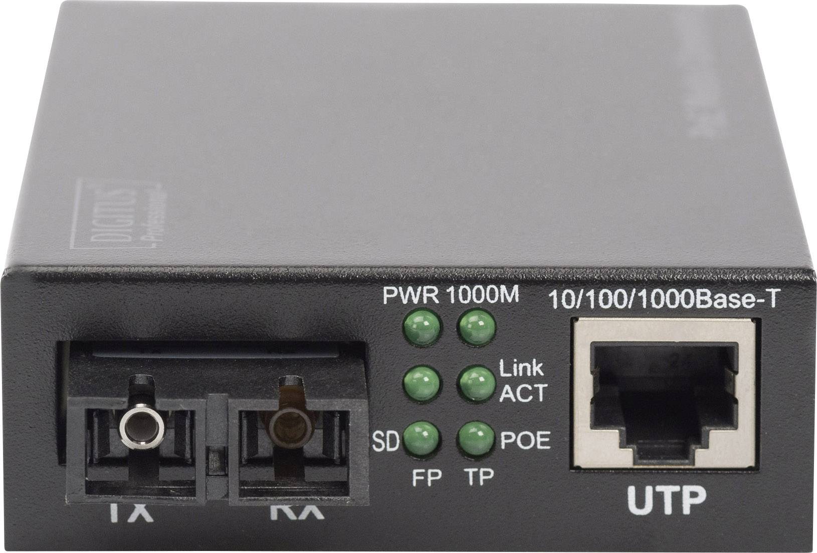 Ein Medienkonverter mit Anschlüssen für Glasfaser (links) und Ethernet (rechts). LEDs zeigen Stromstatus und Aktivität an.