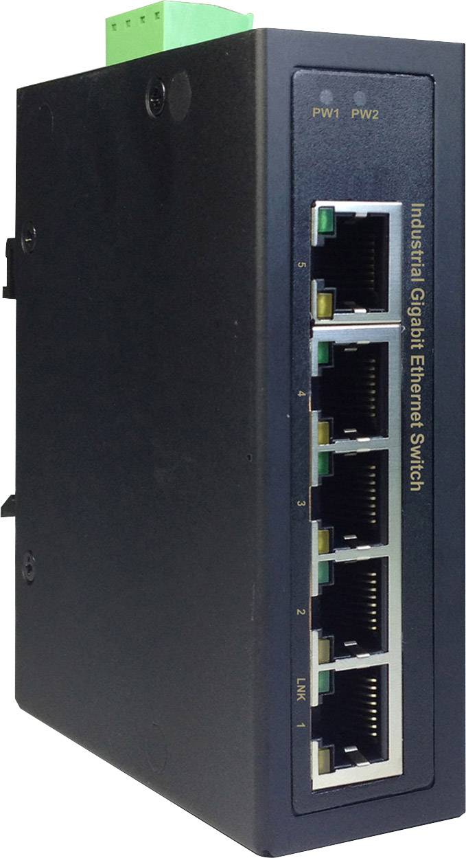 Industrieller Gigabit-Ethernet-Switch mit fünf Ethernet-Ports, geeignet für stabile und schnelle Netzwerkverbindungen.