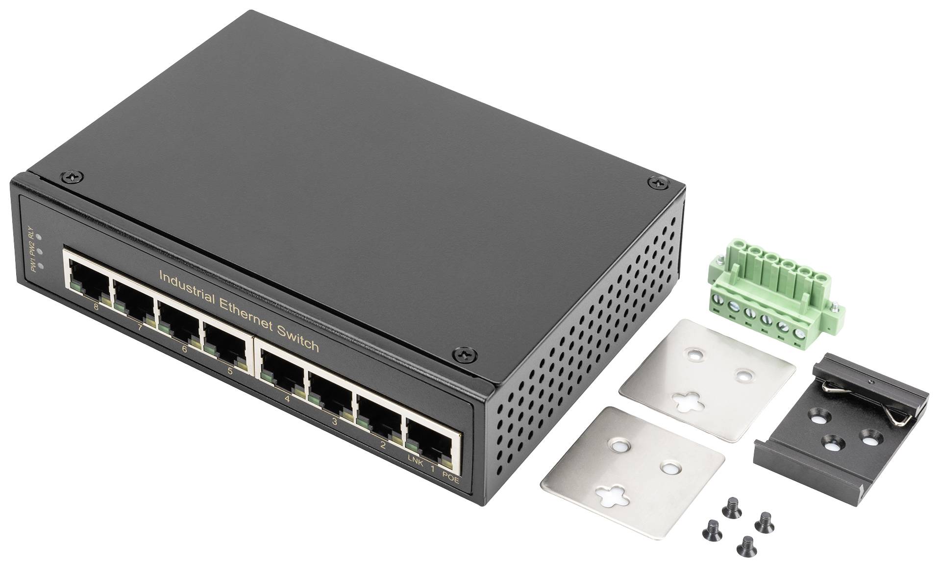 Ein schwarzer industrieller Ethernet-Switch mit sieben Anschlüssen, abgebildet mit Montagezubehör und Schrauben auf weißem Hintergrund.
