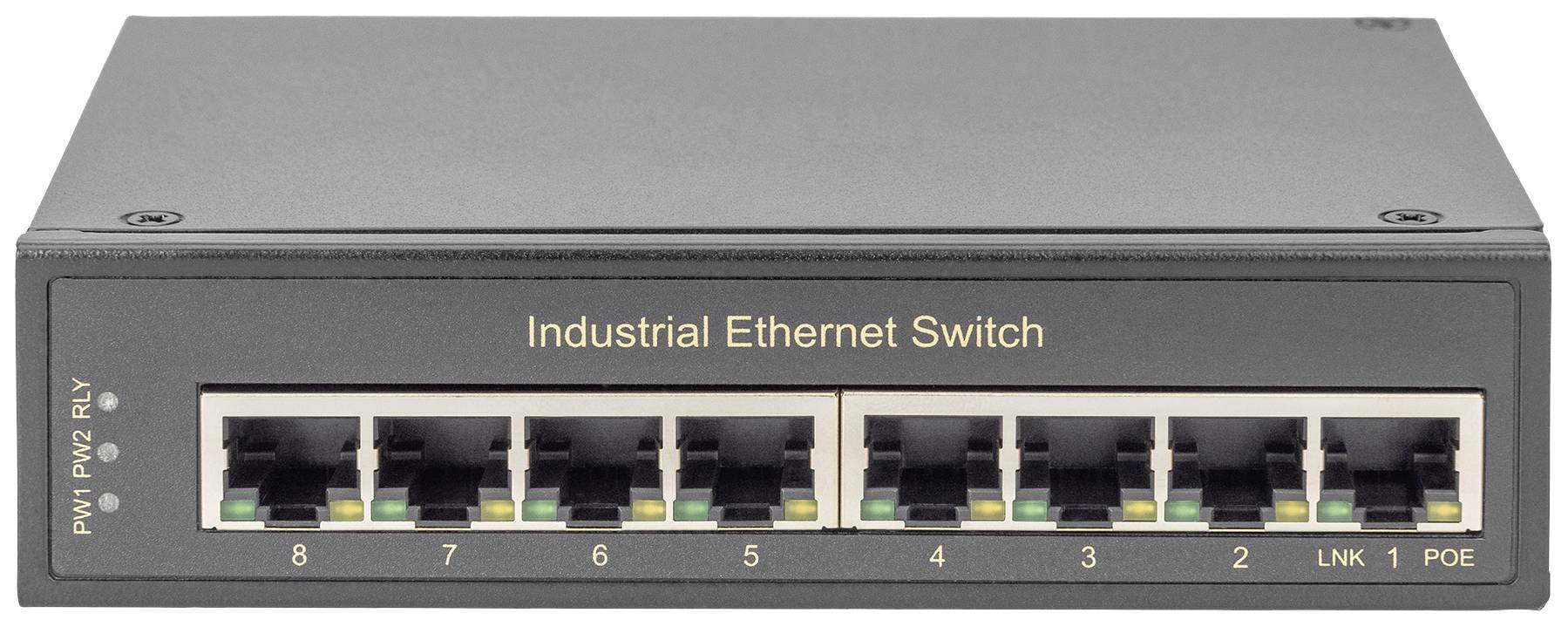 Ein Industrie-Ethernet-Switch mit acht Ethernet-Ports, beschriftet mit 'Industrial Ethernet Switch'. Geeignet für industrielle Netzwerke.