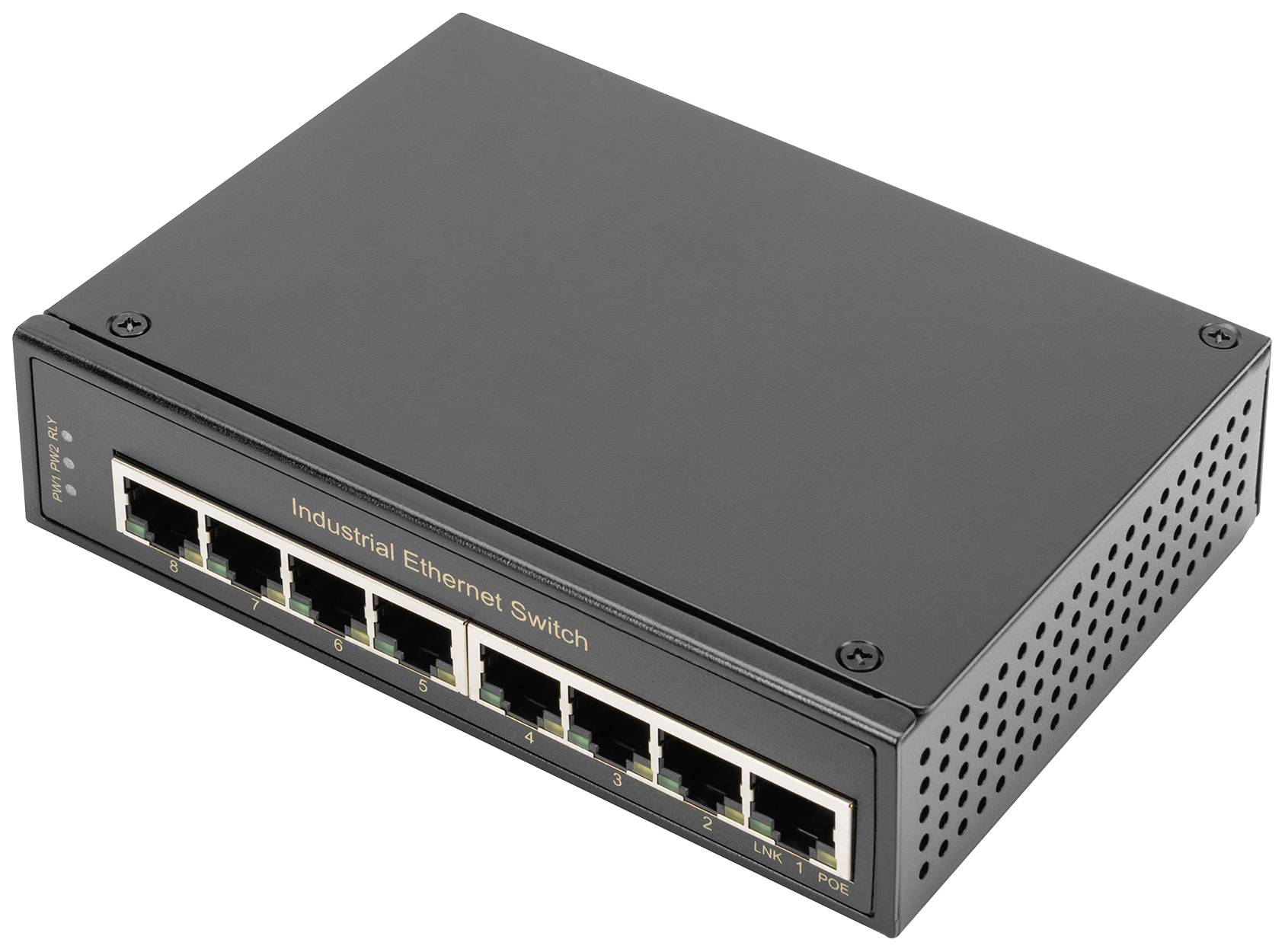 Ein schwarzer industrieller Ethernet-Switch mit acht Netzwerk-Ports auf der Vorderseite.
