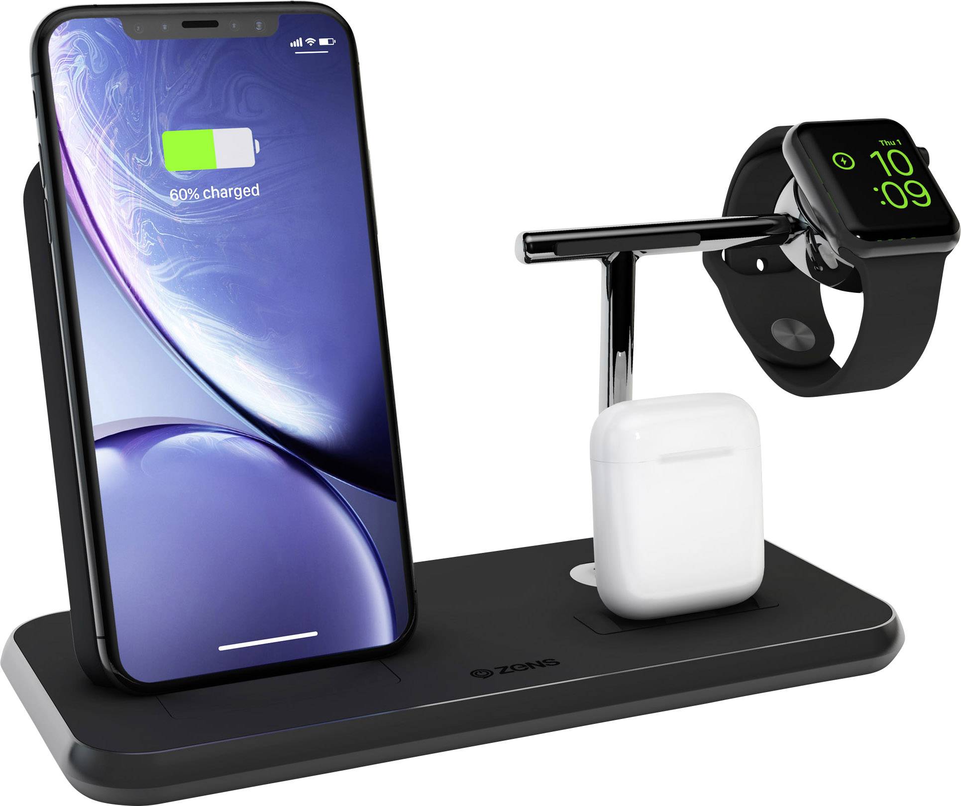 ZENS Induktions-Ladegerät 2000mA Stand +Apple-Watch +Dock ZEDC07B Ausgänge Induktionslade-Standard, USB, Apple Lightning-Stecker