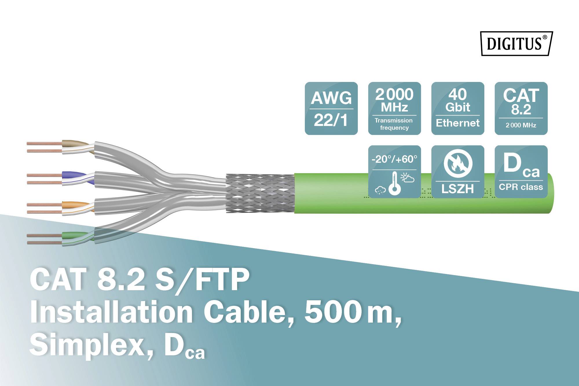 Kabel mit CAT 8.2 S/FTP, Länge 500 m, geeignet für 40 Gbit Ethernet. Kennwerte: AWG 22/1, 2000 MHz, LSZH, Temperaturbereich -20° bis +60°C.