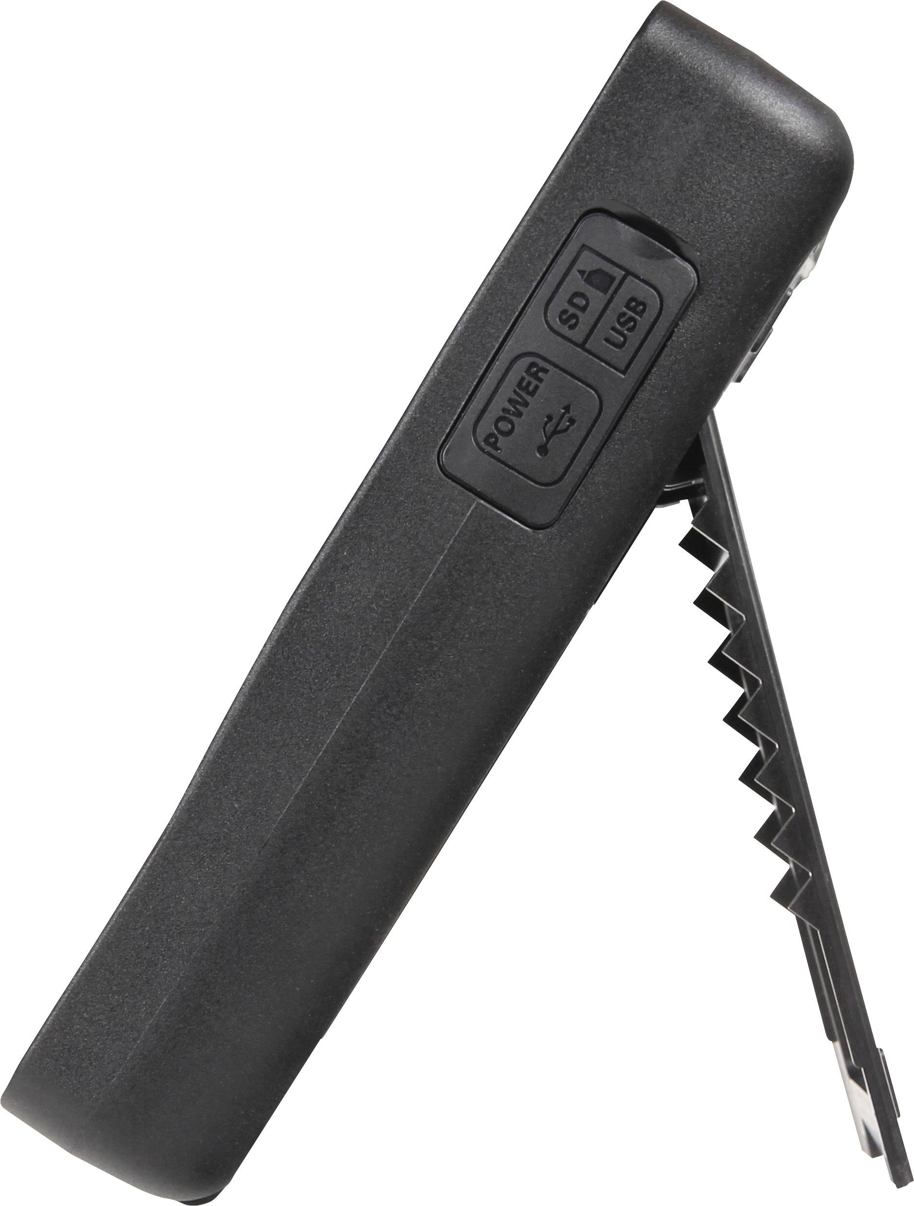 Ein schwarzes, tragbares Gerät mit angewinkeltem Ständer. Seitlich sind Beschriftungen für 'Power', 'DC', und 'USB' sichtbar.