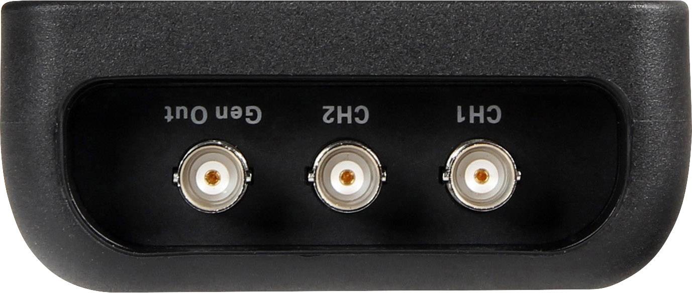 Schwarzes Gerät mit drei Antennenanschlüssen, beschriftet mit 'Gen Out', 'CH2' und 'CH1', möglicherweise für ein elektronisches Messgerät.