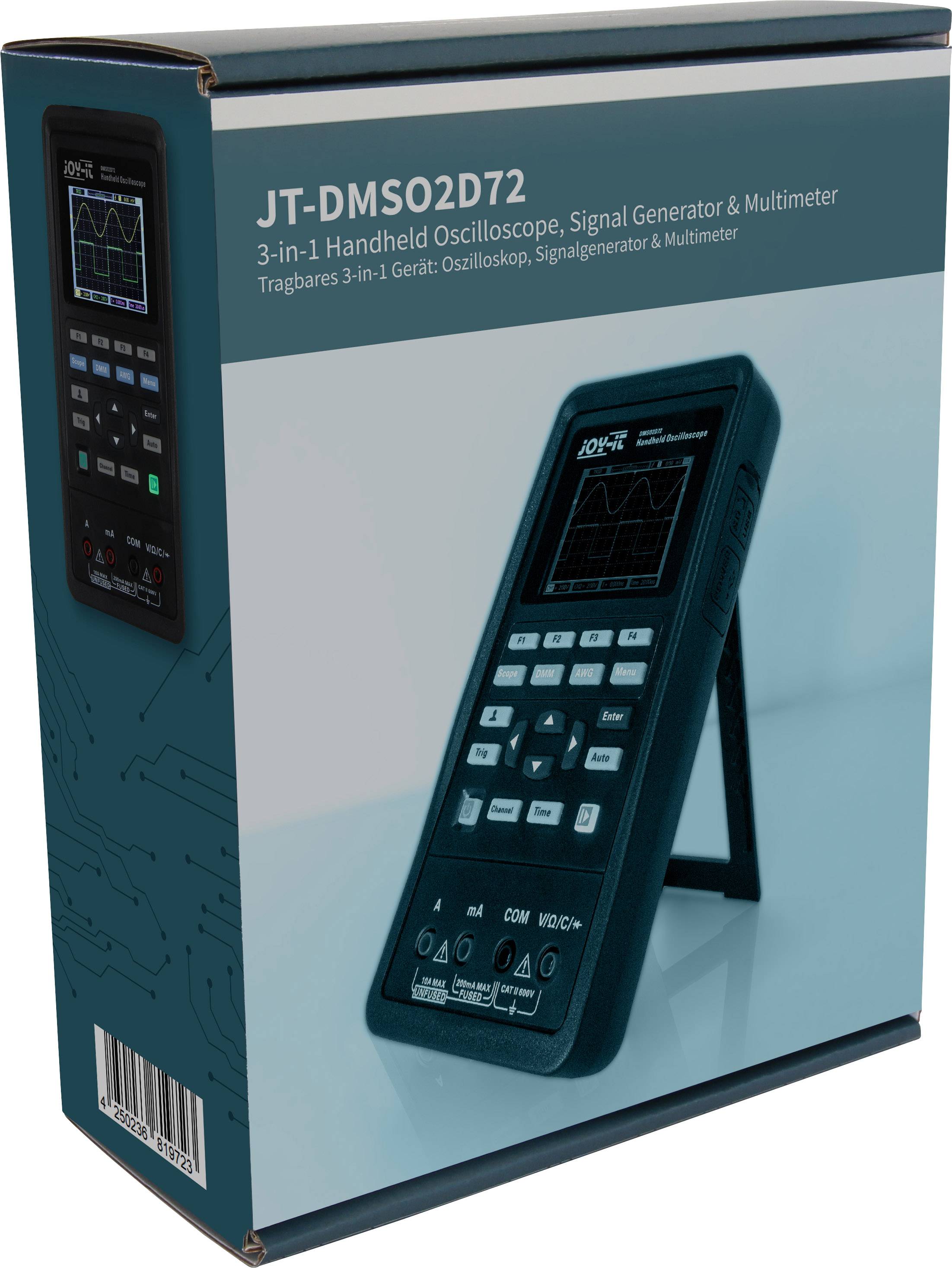 JT-DMSO2D72: Tragbares 3-in-1 Gerät zeigt Oszilloskop, Signalgenerator und Multimeter auf Verpackung mit Bild des Produkts.