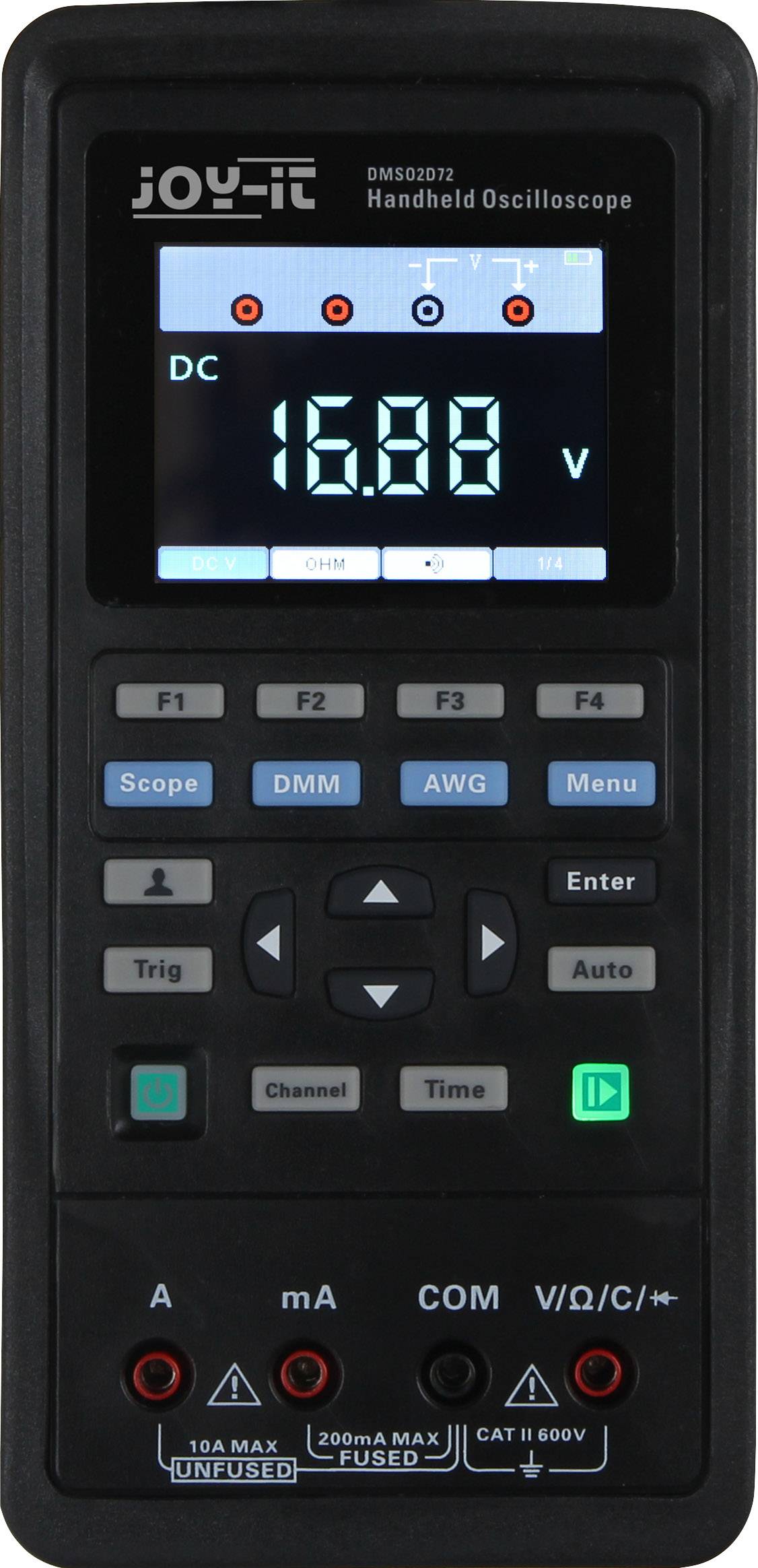 Tragbares Oszilloskop mit beleuchtetem Display zeigt '16,88 V'. Tasten für Funktionen wie 'Scope', 'DMM', 'Trig', und 'Auto'.