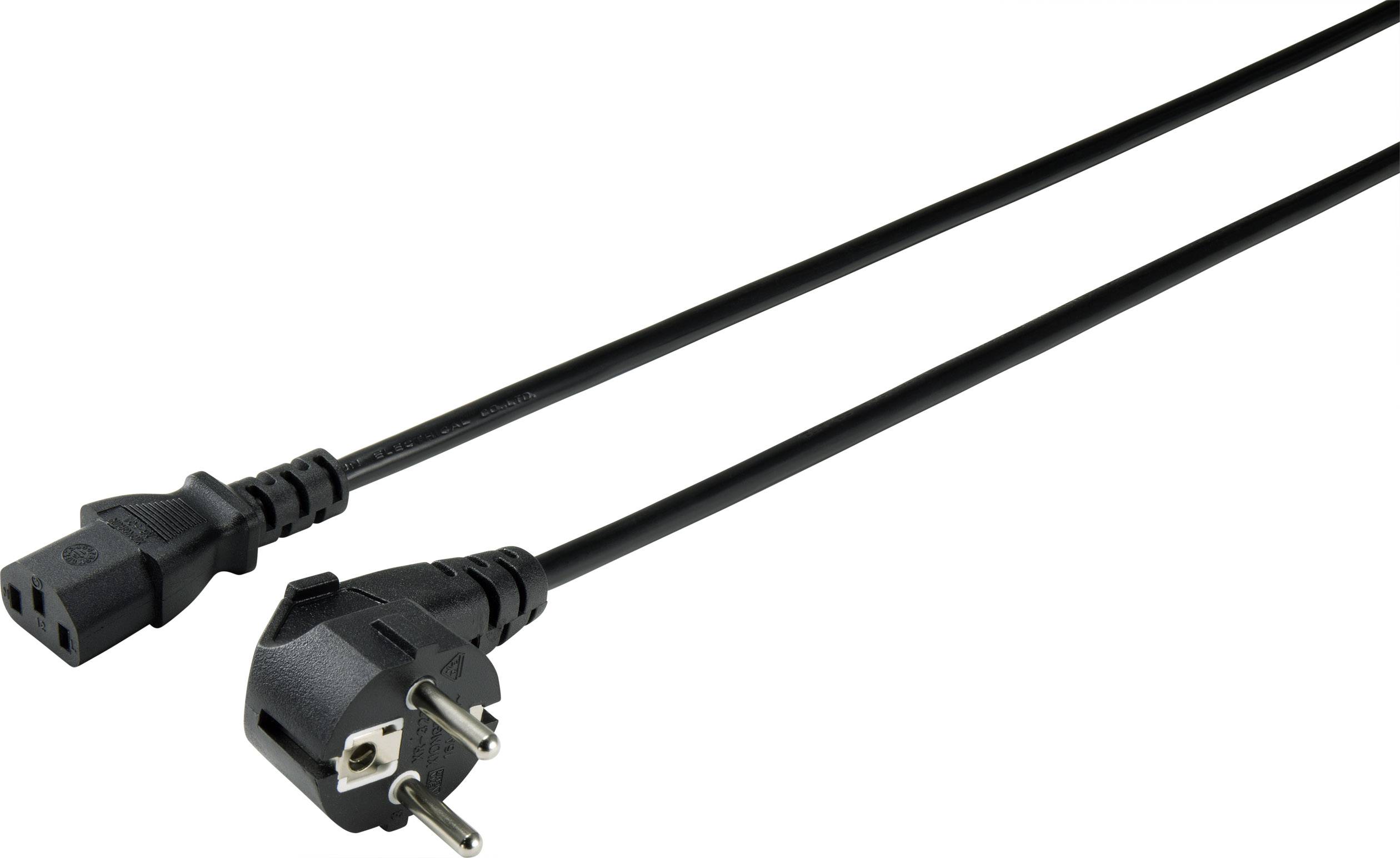 Ein schwarzes Netzkabel mit Schukostecker und IEC C13 Buchse, geeignet für den Anschluss von Computern oder anderen elektronischen Geräten.