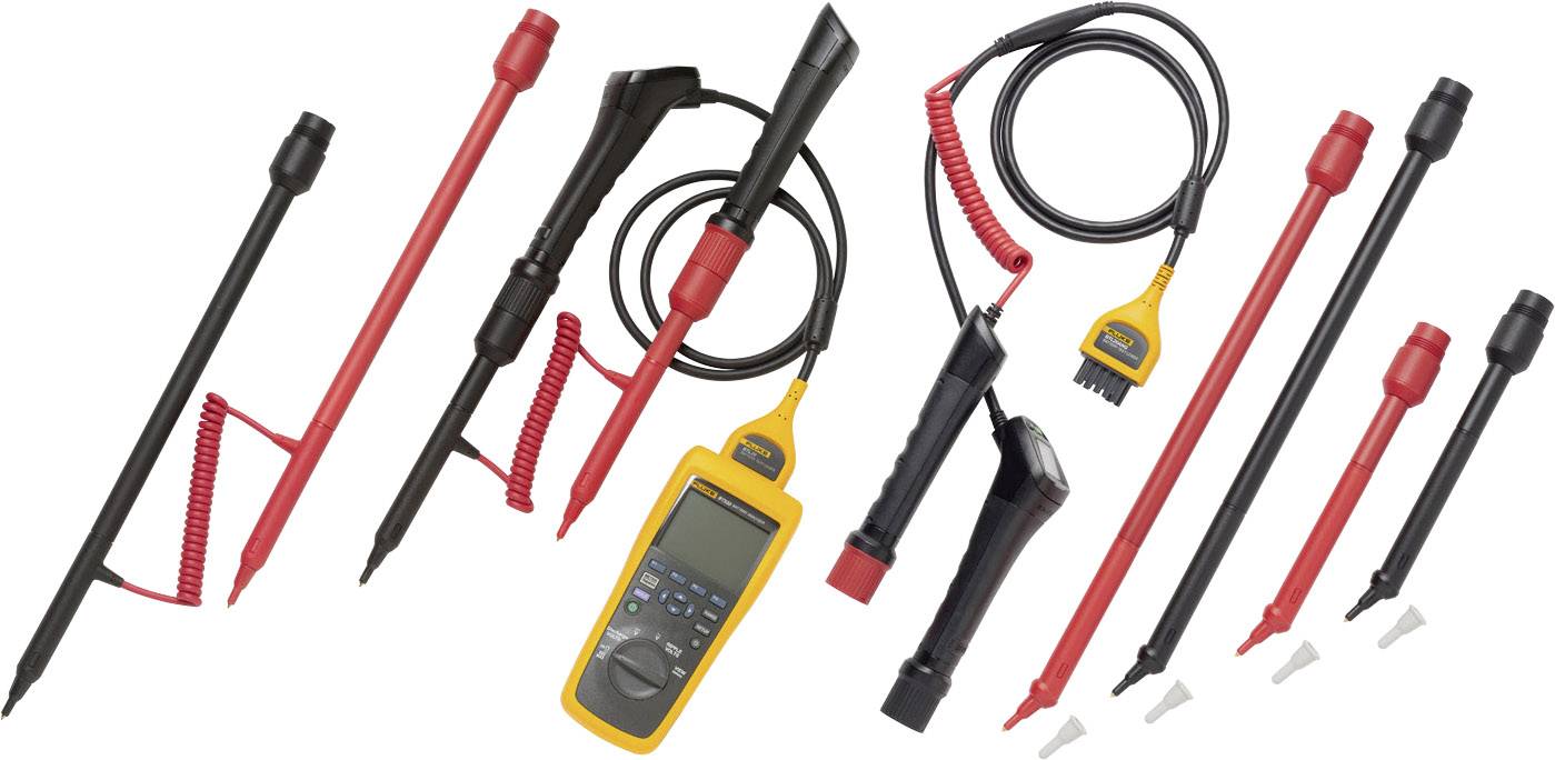 Elektronisches Messgerät in der Mitte, umgeben von mehreren roten und schwarzen Messleitungen und Prüfspitzen.