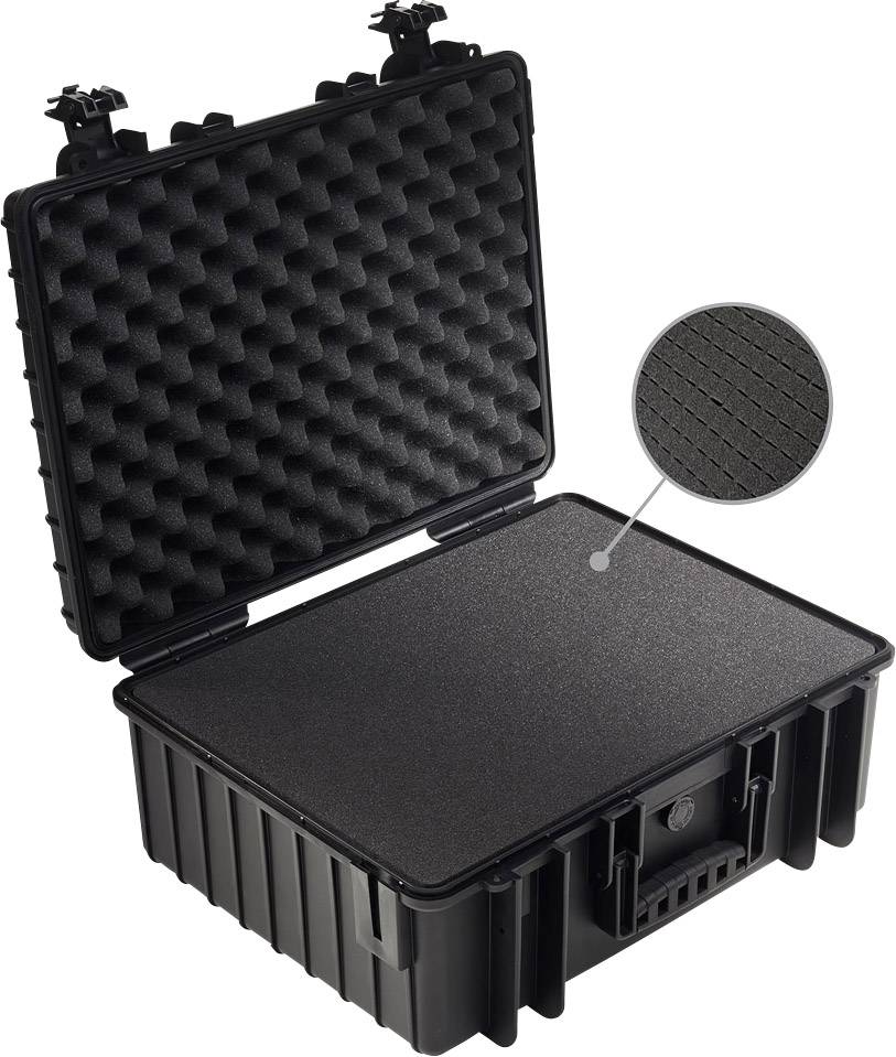 Schwarzer, geöffneter Hartschalenkoffer mit Schaumstoffpolsterung im Deckel, geeignet für sicheren Transport von empfindlichen Gegenständen.
