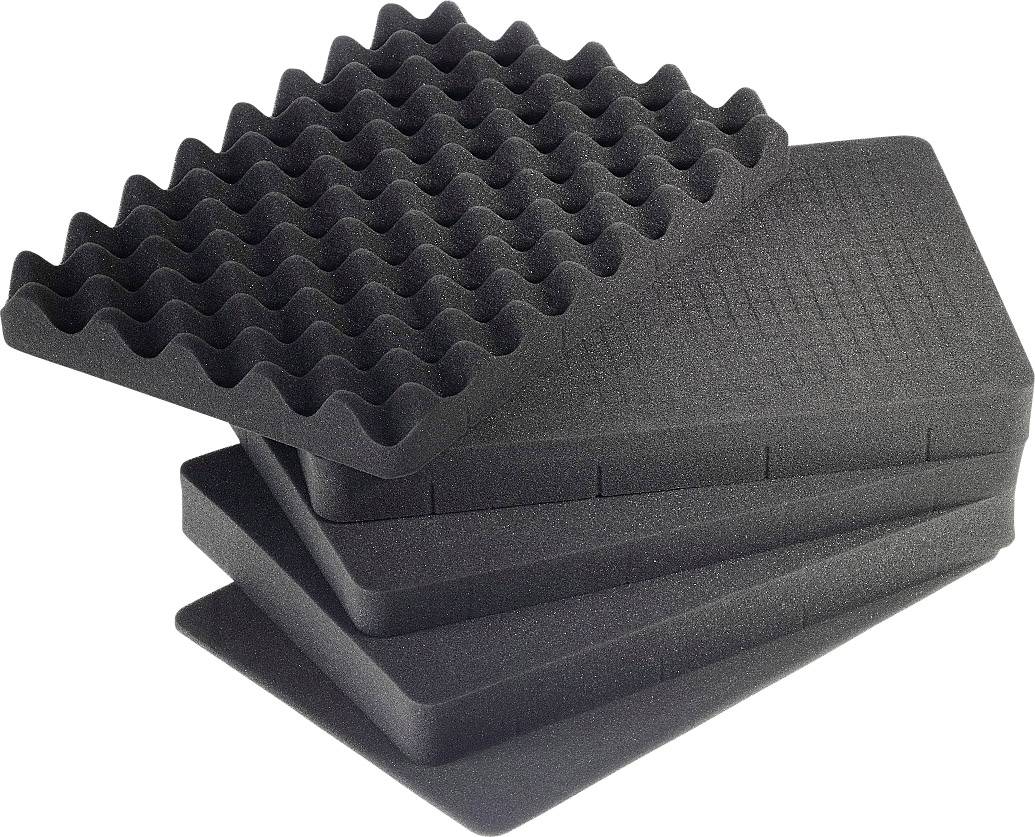 Vier schwarze Schaumstoffeinlagen, zwei mit welliger und zwei mit glatter Oberfläche, gestapelt übereinander. Ideal für Verpackungen.