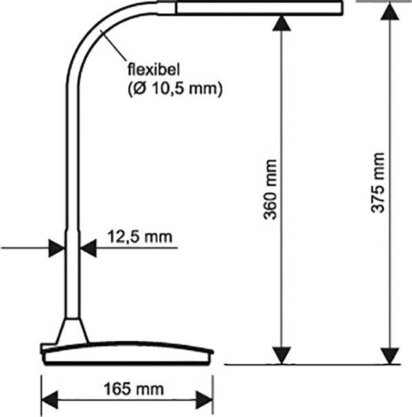 Schema einer verstellbaren Lampe mit Maßen. Flexibler Arm: Durchmesser 10,5 mm, Höhe 360 mm. Gesamthöhe: 375 mm, Basisbreite: 165 mm, Armstärke: 12,5 mm.