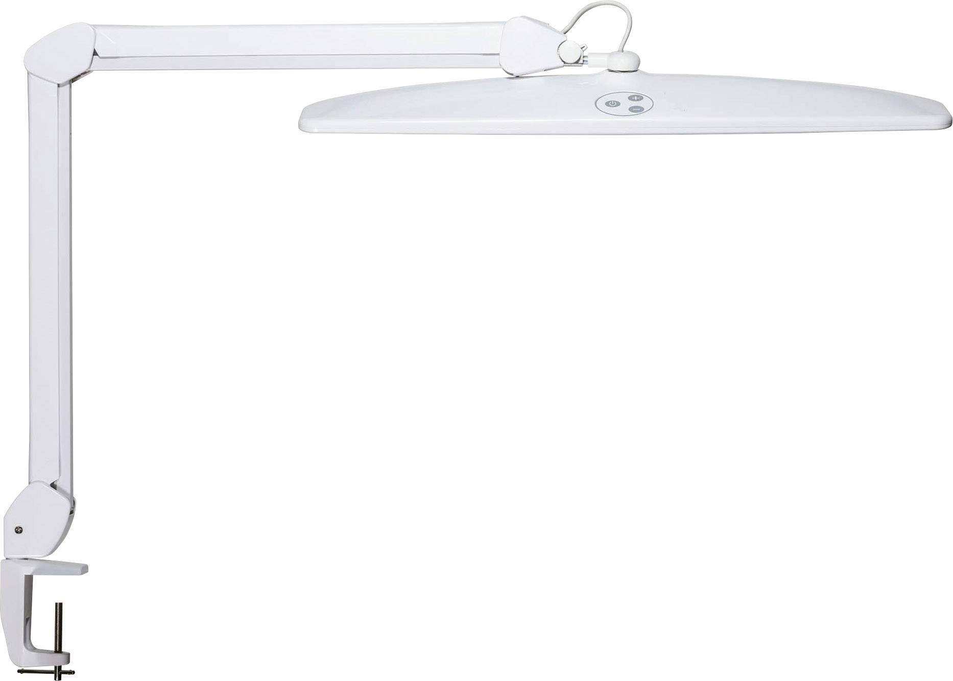 Eine weiße, verstellbare Gelenklampe mit einer klemmbefestigten Basis, ideal für präzise Beleuchtung in Arbeitsbereichen.