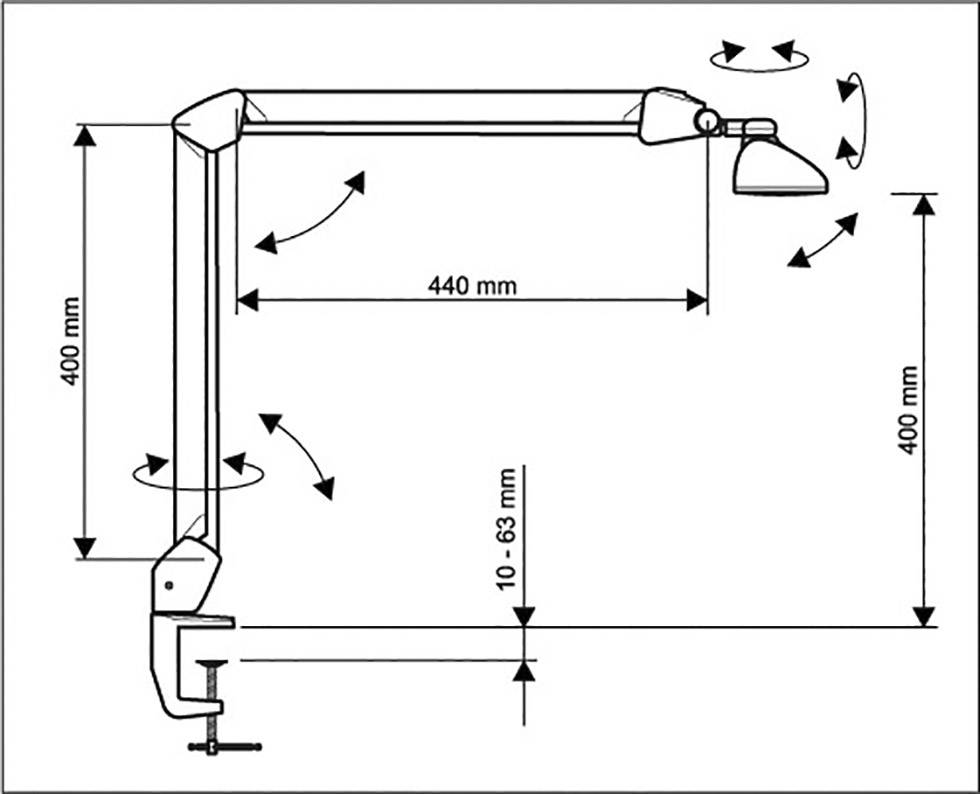 Verstellbarer Schwenkarm mit Klemme. Maße: 440 mm Länge, 400 mm Höhe. Drehbewegungen an allen Gelenken.