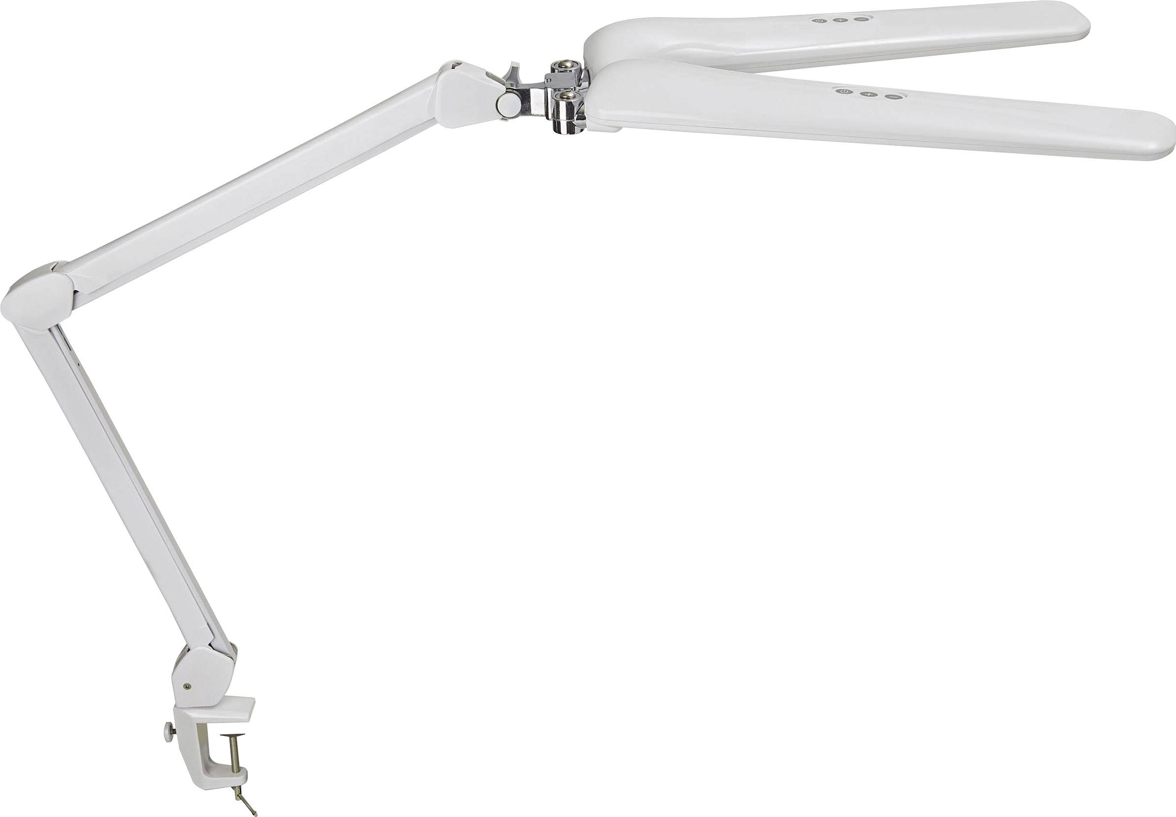 Weiße, verstellbare Tischlampe mit Gelenkarm und Klemme zur Befestigung an einer Tischkante, geeignet für präzise Beleuchtung.