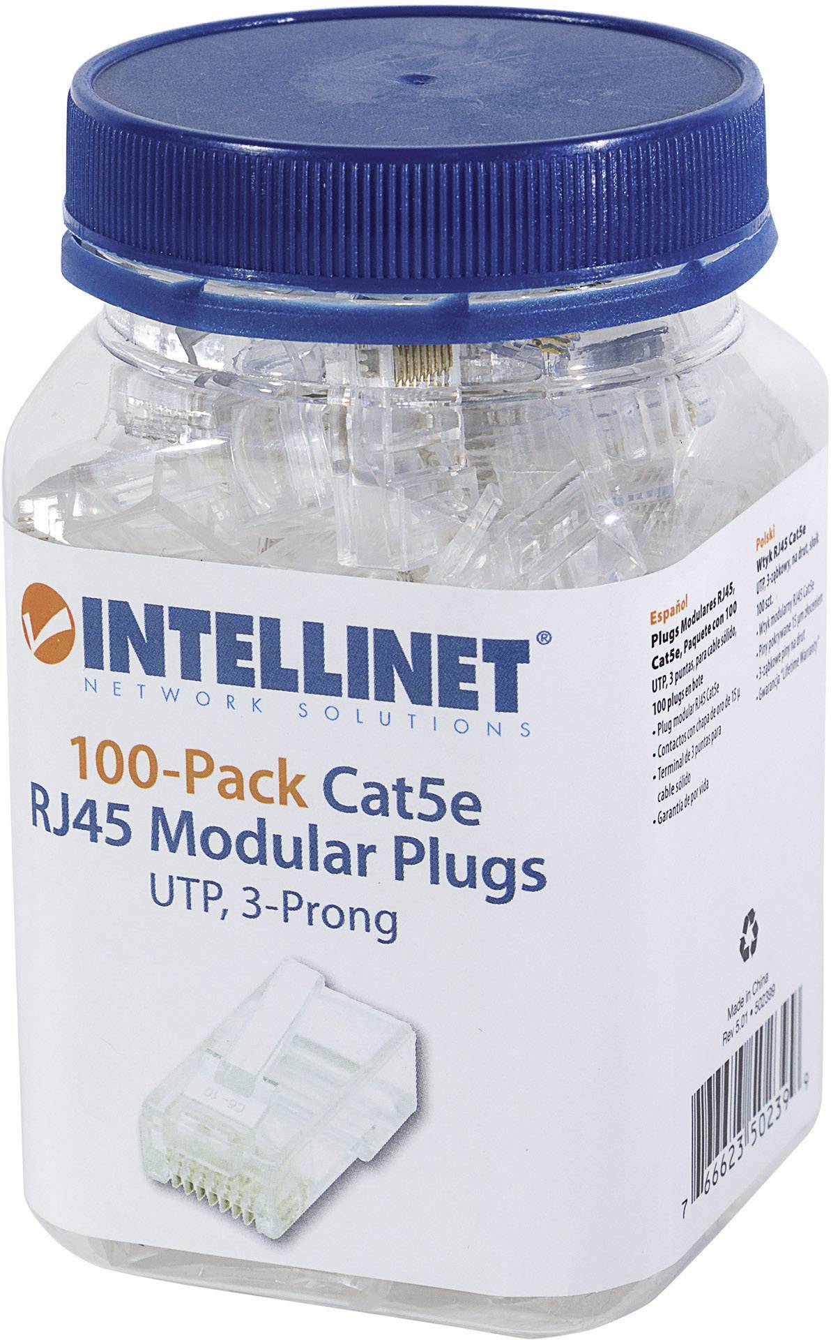 Intellinet 100er-Pack Cat5e RJ45-Modularstecker UTP 3-Punkt-Aderkontaktierung für Massivdraht 100 Stecker pro Becher 502399 Crim