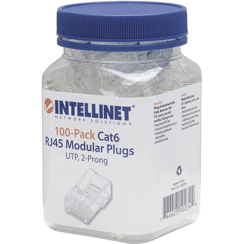 Intellinet Intellilnet 100er-Pack Cat6 RJ45-Modularstecker UTP 2-Punkt-Aderkontaktierung für Litzendraht 100 Stecker pro Beche