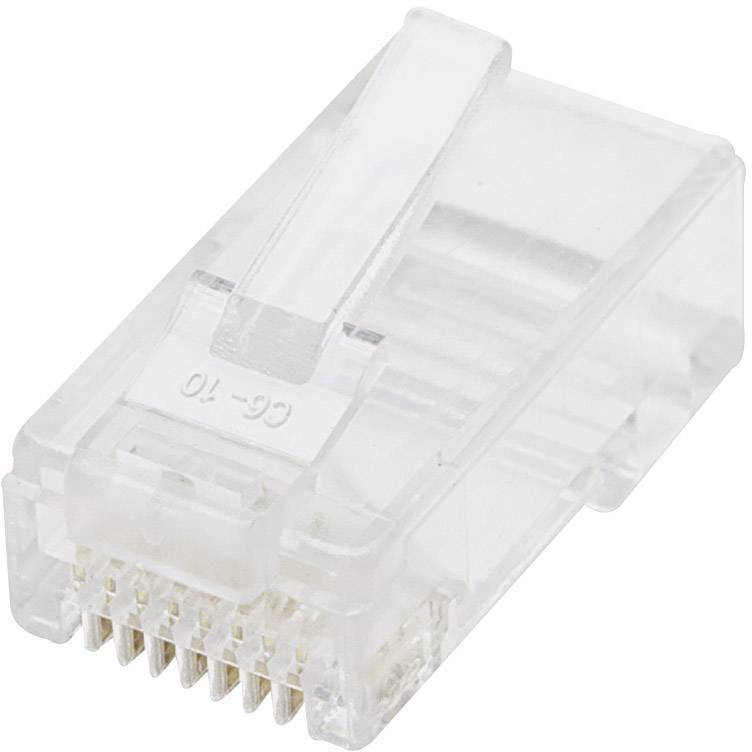 Ein transparenter RJ45-Stecker, der in Netzwerkkabeln verwendet wird. Er verfügt über acht Kupferkontakte und einen Verriegelungsclip.