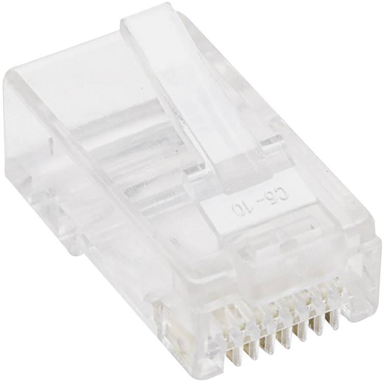Ein transparenter RJ45-Netzwerkstecker mit acht goldenen Kontakten, häufig verwendet für Ethernet-Kabelverbindungen in Netzwerken.