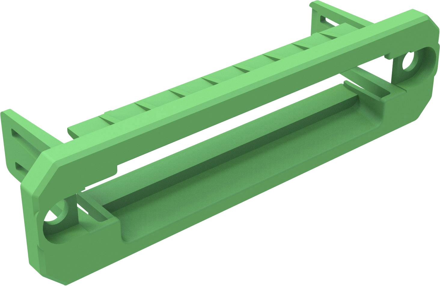 Ein grünes Kunststoffbauteil mit langen, parallelen Schienen und seitlichen Öffnungen, vermutlich zur Befestigung oder Führung.