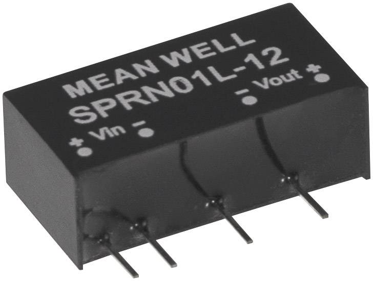 Schwarzes elektronisches Bauteil mit der Aufschrift 'MEAN WELL SPRN01L-12'. Drei Metallbeine an der Unterseite, markiert mit '+Vin', '-Vin', 'Vout'.