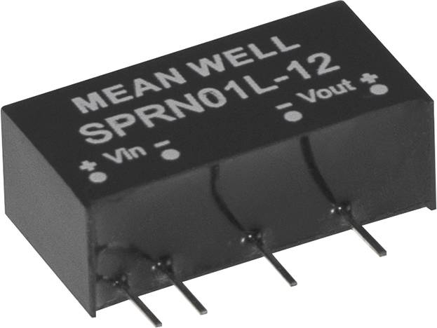 Ein schwarzer elektronischer Bauteil mit der Aufschrift 'MEAN WELL SPRN01L-12' zeigt Eingangs- ('Vin') und Ausgangskontakte ('Vout').
