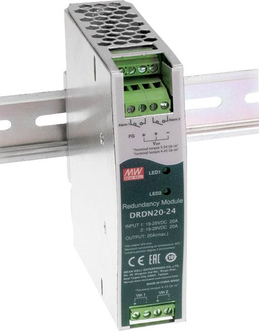 Ein DRDN20-24-Redundanzmodul mit grünen Anschlüssen und LED-Anzeigen, montiert auf einer DIN-Schiene.