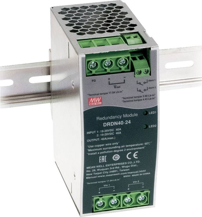 Redundanzmodul DRDN40-24 von Mean Well; Eingang 19-29V, 40A; Ausgang 20-29V, 40A; montiert auf einer DIN-Schiene.
