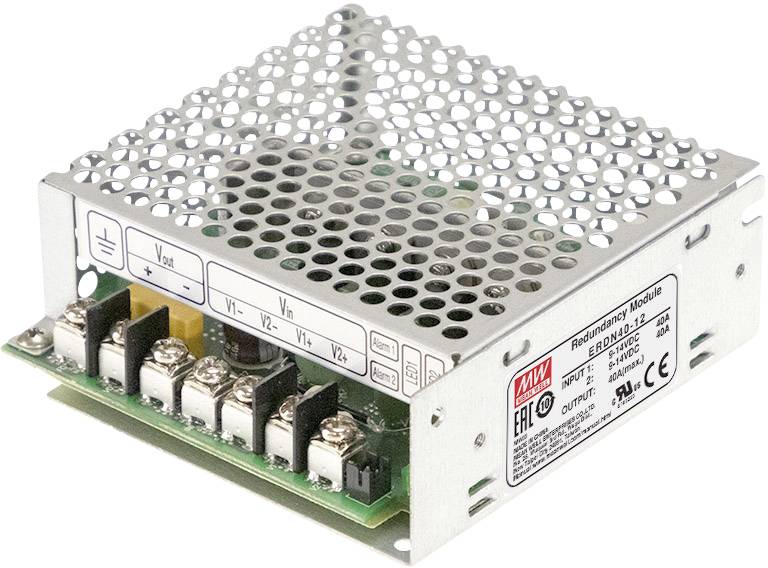 Metallisches Netzteilmodul mit Lüftungsgitter und Anschlussklemmen. Enthält Label mit technischen Spezifikationen.