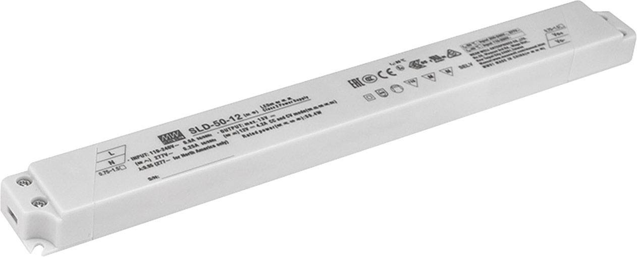 Ein rechteckiges elektronisches Bauteil mit Beschriftung und Symbolen, das vermutlich als LED-Treiber oder Transformator dient.