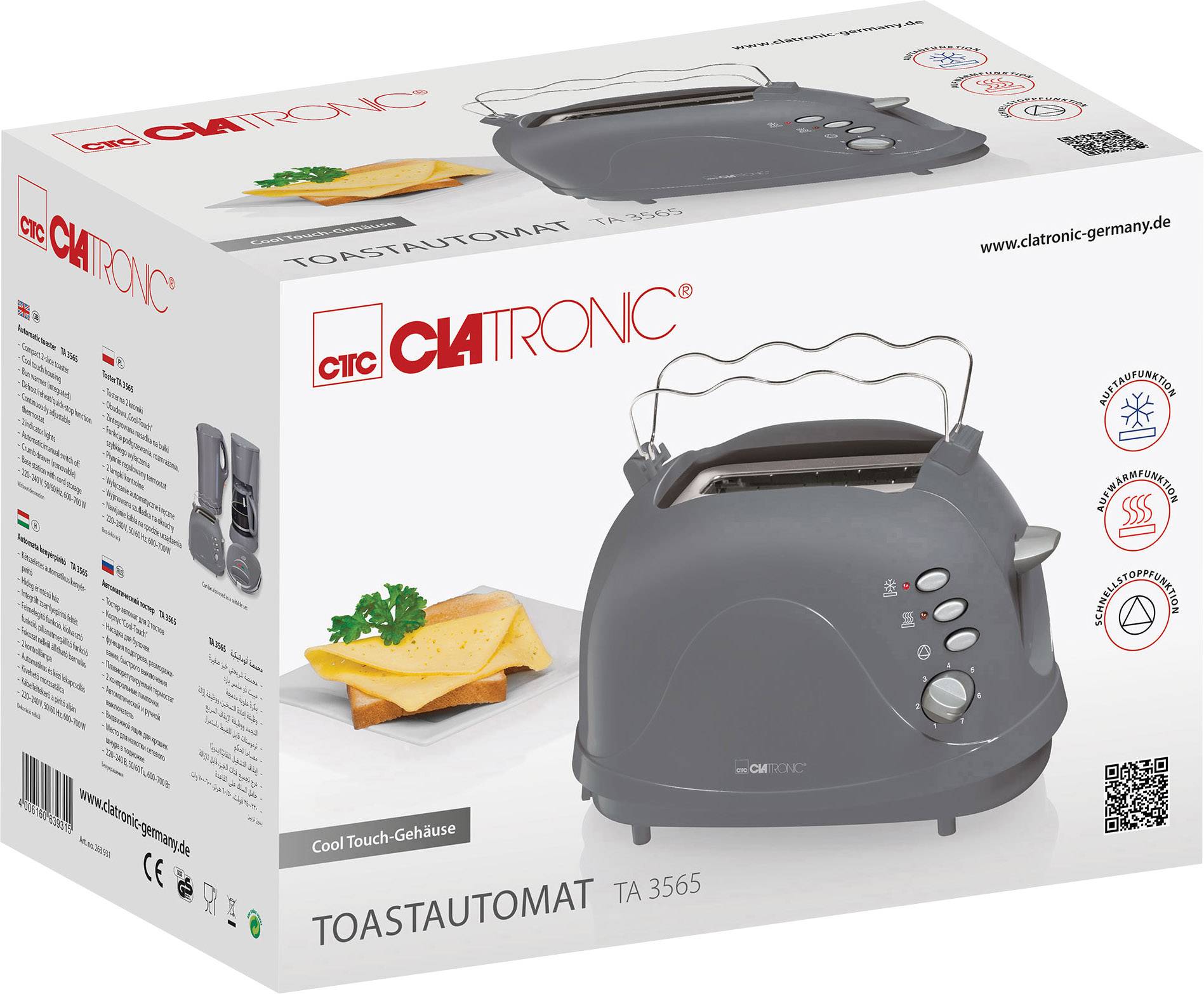 Verpackung eines grauen Toasters der Marke Clatronic, Modell TA 3565, mit Bild eines Toasters und Brotscheiben.