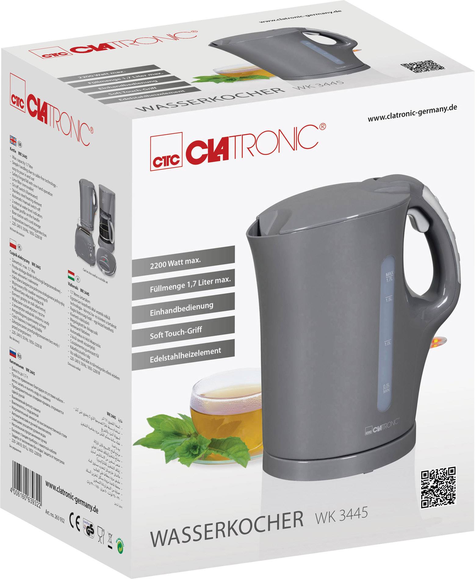 Clatronic WK3445 Wasserkocher schnurlos Grau