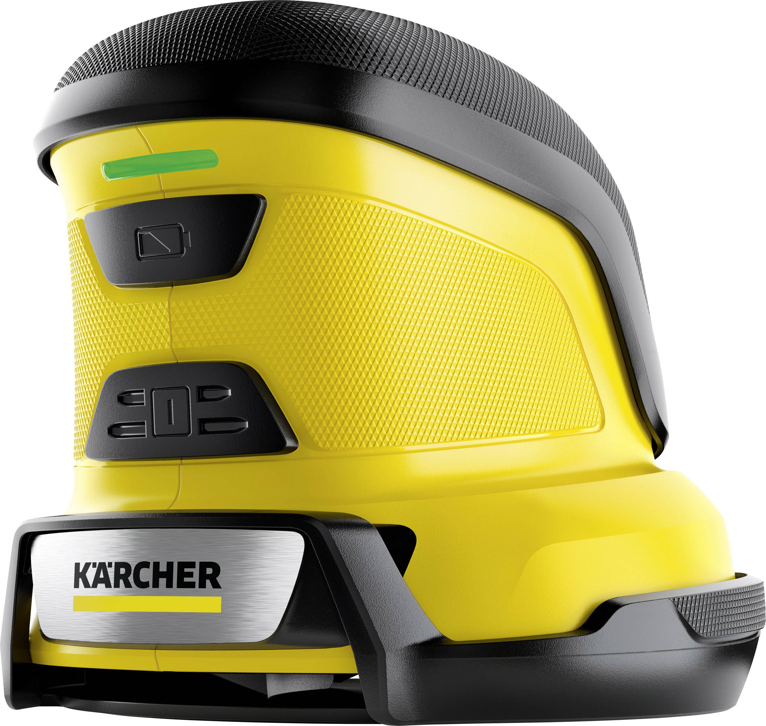 Elektrischer Fensterreiniger in Gelb und Schwarz mit KÄRCHER Logo, ergonomischem Griff und Funktionen zur Streifenfreiheit.