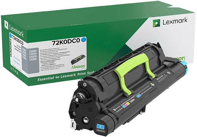Eine schwarze Lexmark Tonerkartusche, Modell 72K0DC0, mit grünen Griffen neben der passenden Verpackung.