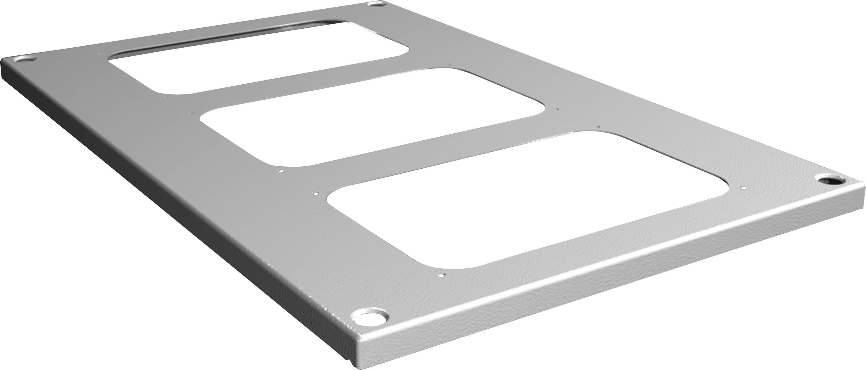 Metallplatte mit drei rechteckigen Ausschnitten, möglicherweise zur Befestigung oder als Rahmen für elektronische Komponenten.