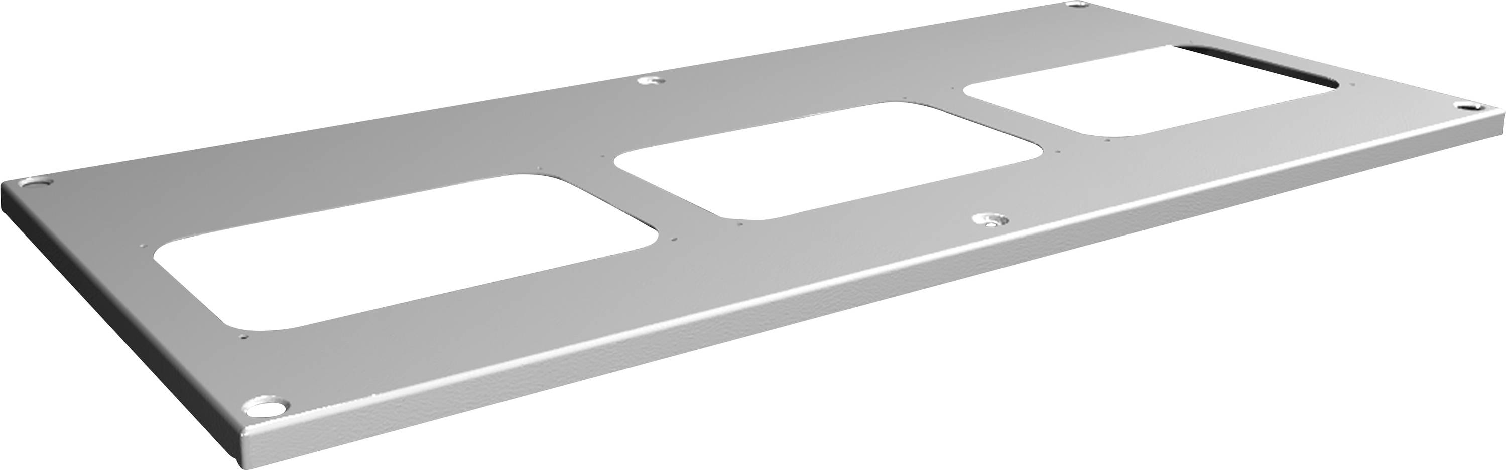 Eine graue Metallplatte mit drei rechteckigen Öffnungen und mehreren Befestigungslöchern. Sie wird möglicherweise für Montagezwecke verwendet.