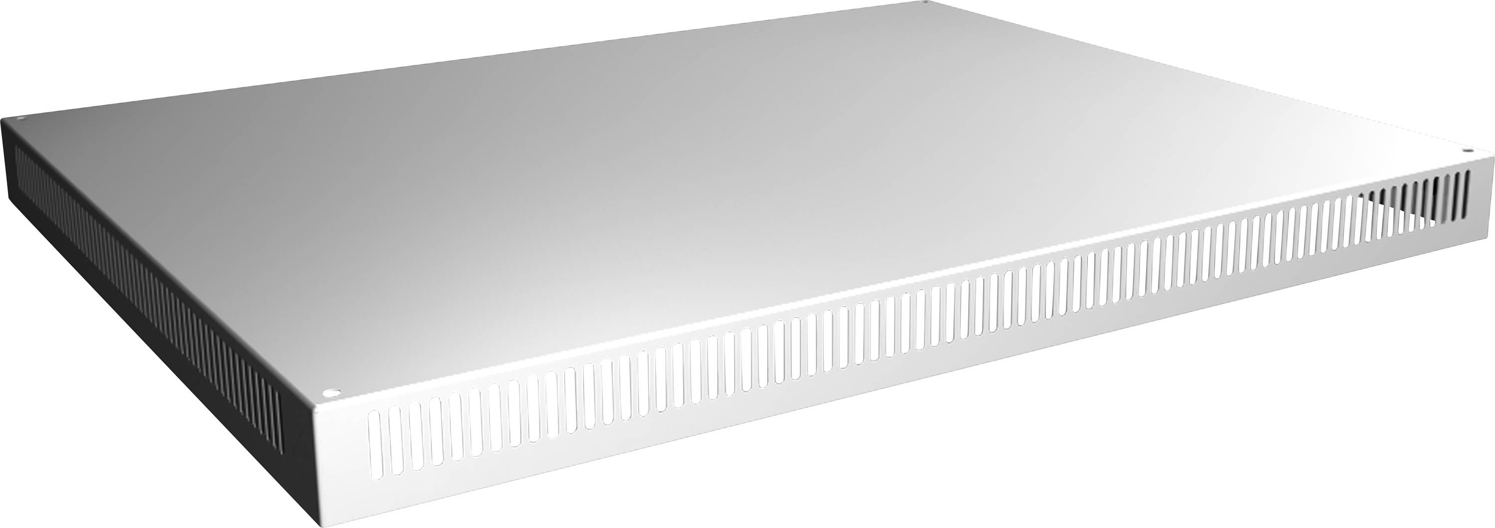 Ein silbernes, rechteckiges, perforiertes Rackregal aus Metall, das zur Befestigung von Geräten in einem Server-Rack verwendet wird.